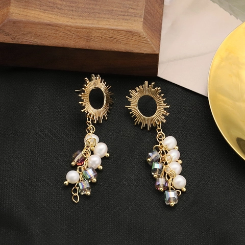 Vintage Bohemian Freshwater Pearl Drop Earrings With 925 Sterling Silver Earring Post Sun Pattern Rhinestone Earrings Jewelry For Women