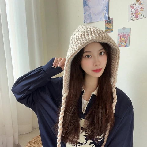 Winter Thick Knit Beanie Hat For Women With Long Braids Tie Warm Ear Protection Crochet Balaclava Windproof Solid Color Cap