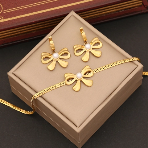 Collana Di Künstliche Perle Con Fiocco Bracciale E Orecchini Acciaio Inossidabile Placcato Oro Strass Gioielli Di Moda Per Donna