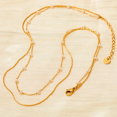 Double Layer Artificial Pearl Necklace Stainless Steel Snake Chain Elegant Layered Jewelry Accessory For Women