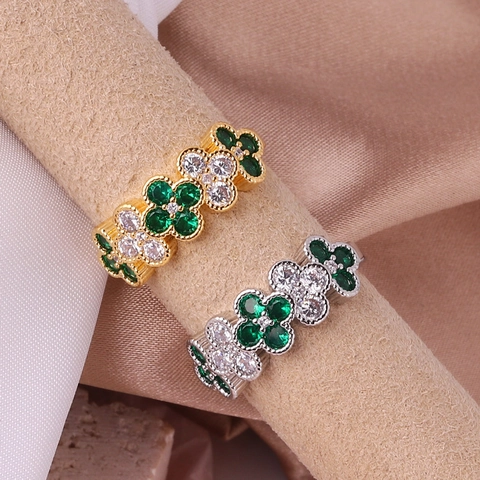 Anello Aperto Quadrifoglio Ottone Con Zircone Verde Bianco Gioielli Regolabili Regalo Elegante Per Donna