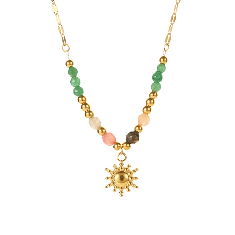 Collana Con Pendente Sole Placcata Oro Acciaio Al Titanio Perline Pietra Occhio Di Gatto Colorate Stile Retro