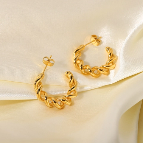 Twisted Rope Hoop Earrings Titanium Steel 18K Gold Plated Geometric C Shape Vintage Style For Women Lightweight Jewelry