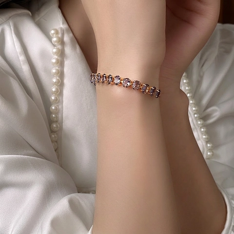 Adjustable Oval Cubic Zirconia Bracelet Copper Metal Elegant Slide Clasp Wrist Jewelry For Women Light Luxury