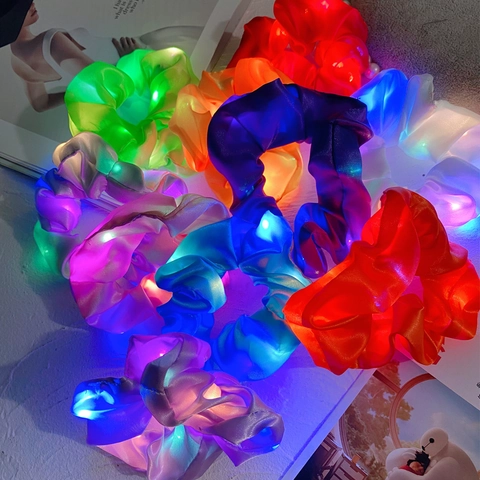 LED Glowing Hair Scrunchies Satin Fabric Elastic Hair Ties For Party Night Club Festival Multi Color Fashion
