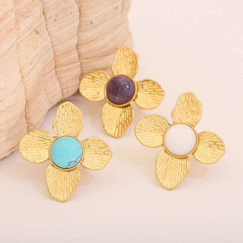 Anello Aperto Regolabile Con Petali Di Fiori Vintage Francese Acciaio Inossidabile Pietra Naturale Ametista Gioielli