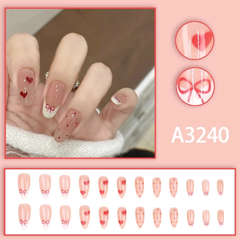 Press On Nails Almond Shape French Style Red Heart Bow Dot Patterns Sweet Fashionable Artificial Nails For Women