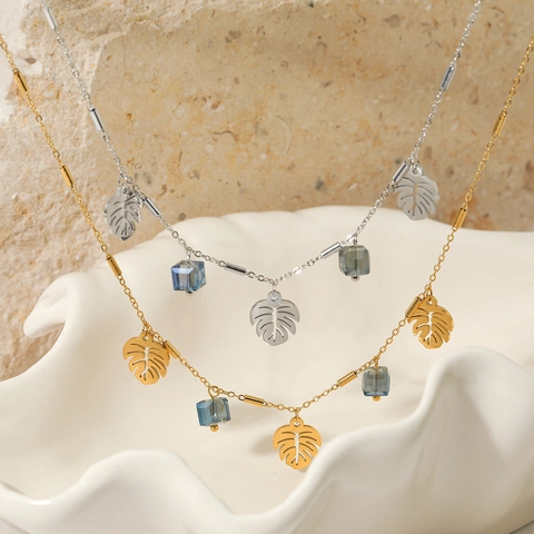 Monstera Leaf Pendant Necklace Stainless Steel Hollow Tropical Leaf With Square Blue Crystal Cube Dainty Clavicle Chain For Women