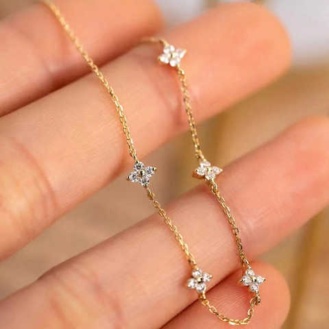 Four Leaf Clover Flower Bracelet Copper White Zircon Studded Elegant French Style Adjustable Jewelry For Women