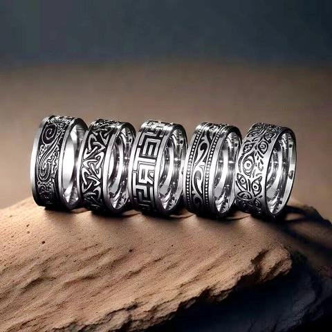Vintage Stainless Steel Engraved Ring For Men Women Celtic Knot Greek Key Evil Eye Jesus Pattern Religious Band Jewelry