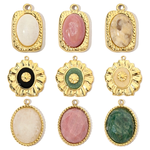 Colgantes Vintage Franceses Para Fabricación Joyas DIY Acero Inoxidable Piedra Natural Chapado Oro Flor Ovalada Geométrica