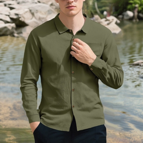 Chemise Décontractée En Lin Pour Hommes Manches Longues Boutonnée Respirante Couleur Unie Haut De Plage