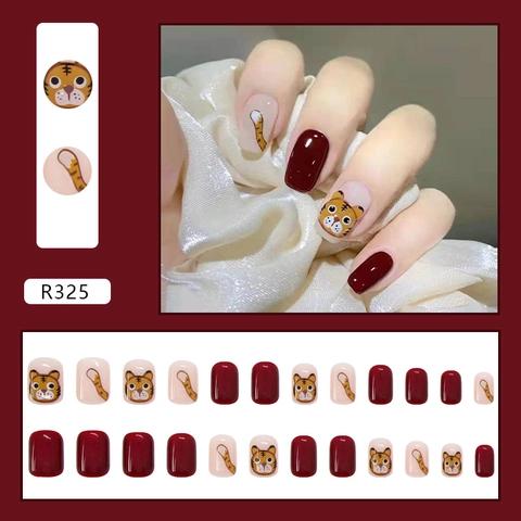 Schattige Cartoon Tijger Kunstnagels Om Op Te Plakken Rood Kort Vierkant Rond Kunstmatige Nagels Glanzende Manicure Decoratie Voor Dames