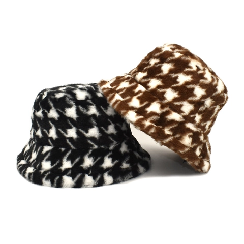 Cappello Alla Pescatora In Finta Pelliccia Di Coniglio Motivo Pied De Poule Invernale Caldo Peluche Donna Viaggio