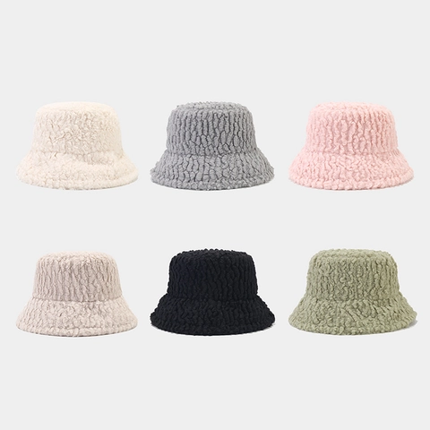 Sombrero De Pescador De Lana De Cordero Cálido De Invierno Para Mujer Color Sólido Felpa Espesada Cortavientos Casual