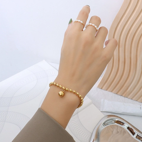 Bracciale Catena A Sfere Geometrica Vintage Placcato Oro 18K Acciaio Al Titanio Cuore Moneta Pendente Quadrato Gioielli