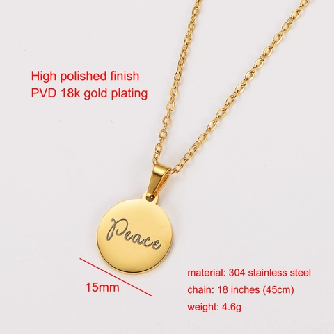 Collar Con Colgante Redondo Grabado Letra Peace Acero Inoxidable 304 Chapado En Oro 18K Joyas Minimalistas Mujeres