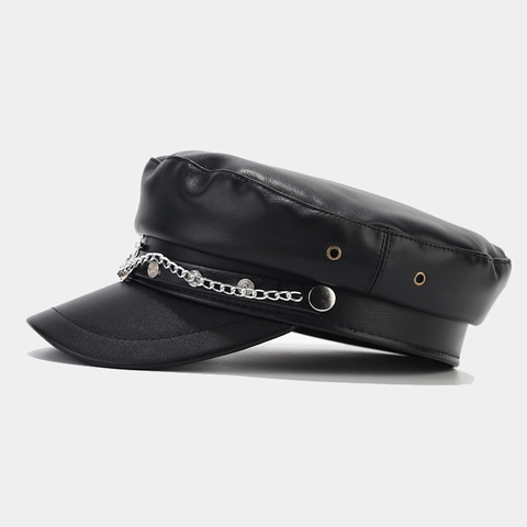 Cappello Marinaio Pelle PU Berretto Militare Retrò Con Catena Metallo Decorazione Ancora Punk Moda Per Uomini Donne