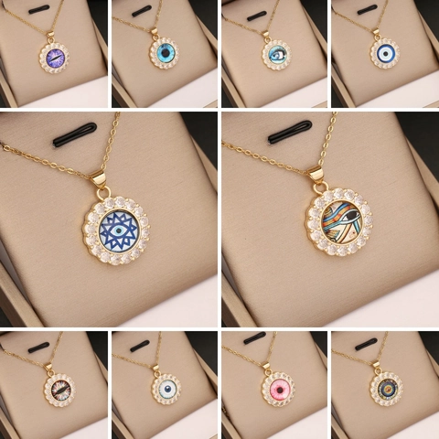 Evil Eye Anhänger Halskette Kupfer 18K Vergoldet Mikro Pave Zirkonia Rund Personalisierter Schmuck Für Frauen