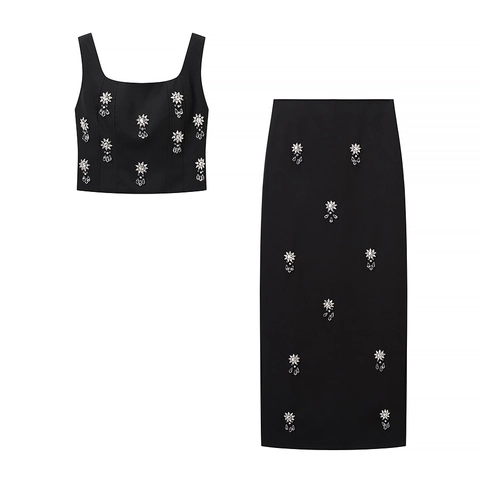 Crop Top Sexy Nero con Strass da Donna e Gonna Midi in Cristallo Floreale Completi da Festa Senza Maniche Eleganti Streetwear