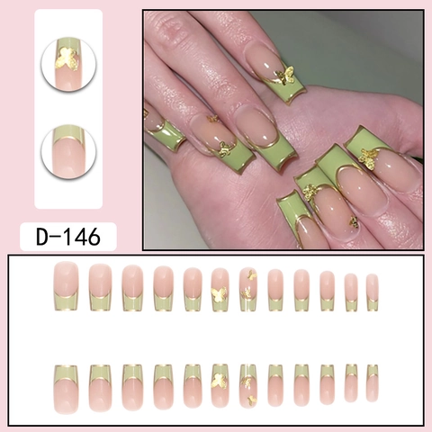 Lange Sarg Press On Nägel Französisch Grün Goldene Spitzen 3D Schmetterling Legierung Dekor Elegante Maniküre Falsche Nägel