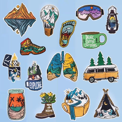 Écusson Brodé Paysage Aventure En Plein Air Thermocollant Tissu Polyester DIY Décoration Vêtements Montagne Explorer