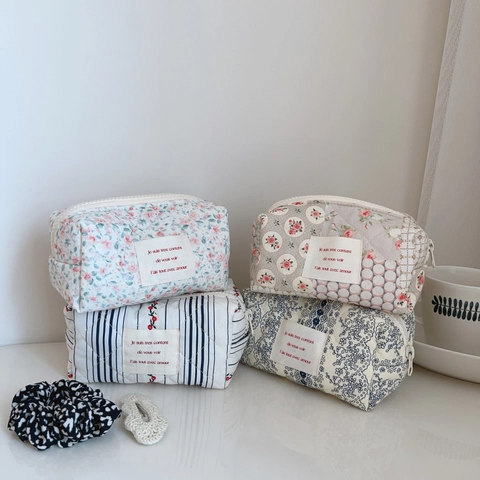 French Floral Quilted Cotton Cosmetic Bag Padded Storage Pouch For Makeup And Skincare Small Travel Organizer