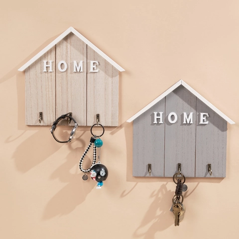 Wall Mounted Wood And Metal Key Holder House Shaped Hook Rack Home Entrance Decorative Sign Nordic Style Hanger
