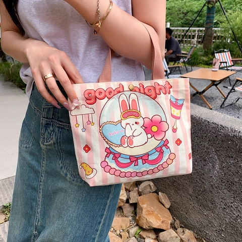 Cute Cartoon Printed Canvas Handbag Portable Small Lunch Box Bag For Women Girls Mini Cloth Tote Bag With Snap Button Daily Travel Storage Pouch