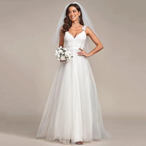 Wedding Dress Deep V Neck Lace Tulle Bridal Gown Spaghetti Straps A Line Backless Floor Length Formal White