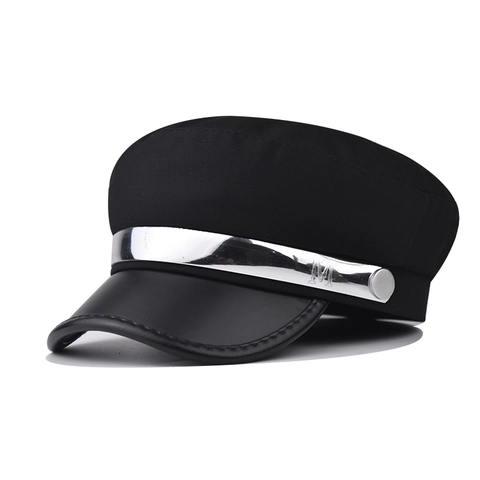 British Style Navy Hat For Women Cotton Blend Newsboy Cap With PU Leather Brim Silver Metal Strip M Letter Fiddler Cap