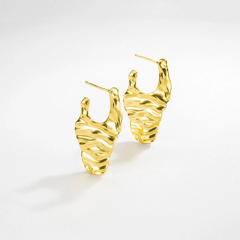 Pendientes de Botón Ondulados Irregulares de Plata de Ley 925 para Mujer Bañados en Oro 18K Textura de Lava Joyería