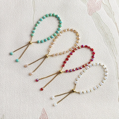 Bracciale Regolabile In Acciaio Inossidabile Placcato Oro 18K Con Perline Di Cristallo Sfaccettate Chiusura A Scorrimento Per Donna