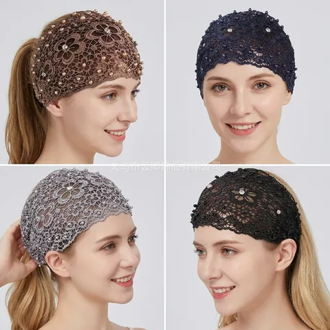 Wide Lace Beaded Headband For Women Hollow Floral Hair Band With Imitation Artificial Pearls Rhinestones Vintage Elastic Headwrap
