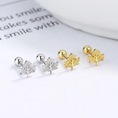 925 Sterling Silver Maple Leaf Screw Back Stud Earrings For Women Minimalist Frosted Gold Silver Leaf Cartilage Jewelry Gift