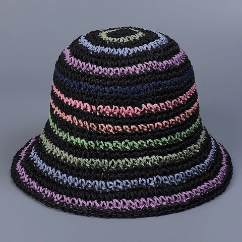 Cappello A Secchiello In Paglia Di Carta Fatto A Mano Da Donna Righe Colorate Pieghevole Protezione Solare Spiaggia