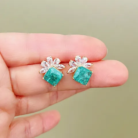 Oorknopjes Met Vierkante Crackle Edelsteen En AAA Zirkonia Bloemblaadje Elegante Messing Sieraden Dames