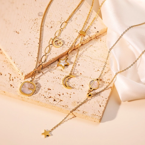 Collar Con Colgante De Acero Inoxidable Chapado En Oro Estrella Luna Planeta Letra G Incrustación Nácar Joyería Mujer