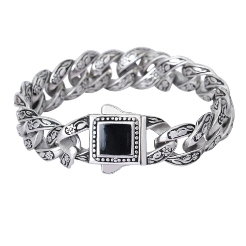 Men Retro Titanium Steel Bracelet With Black Square Inlay Floral Carving Curb Chain Hip Hop Punk Jewelry For Male