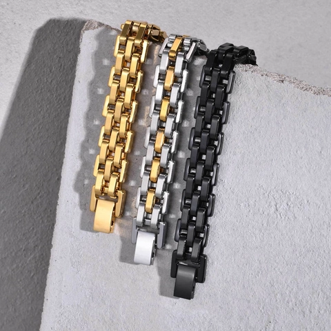 Stainless Steel Watchband Link Bracelet For Men Simple Polished Wide Metal Chain Jewelry Workplace Business Gift