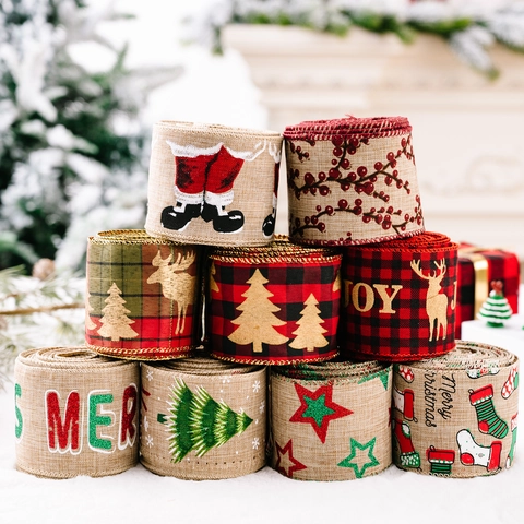 Nastro Natalizio In Juta Con Bordi Metallici Tessuto In Lino Stampato Per Confezioni Regalo E Decorazioni Per Alberi