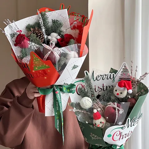Christmas Flower Wrapping Paper Waterproof Pearlescent Film Bronzing Design Festive Bouquet Packaging DIY Gift Wrap Materials