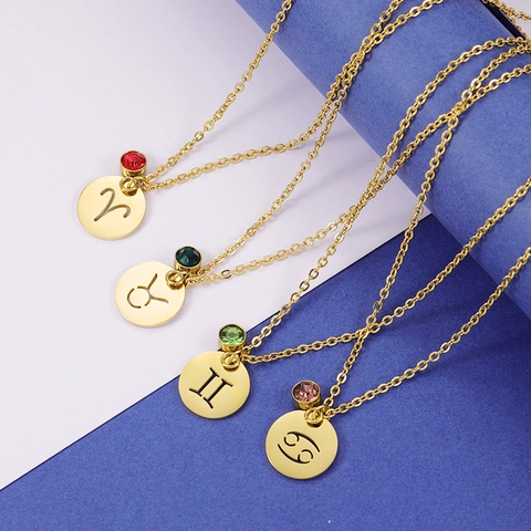 Constellation Necklace Stainless Steel 18K Gold Plated Hollow Round Pendant With Birthstone Minimalist Zodiac Jewelry
