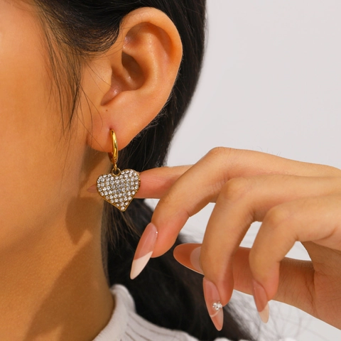 Orecchini A Cerchio A Cuore Acciaio Inossidabile Con Strass Completi Forma Amore 3D Impermeabile Placcato Oro Per Donna