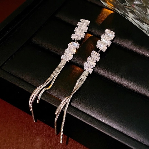 Baguette Cubic Zirconia Tassel Drop Earrings With 925 Sterling Silver Earring Post For Women Elegant Luxury Jewelry