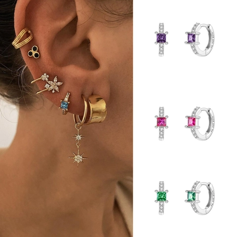 Orecchini Cerchio In Zircone Quadrato Con Perno In Argento Sterling 925 Huggie Geometrico Con Strass Colorati Di Lusso