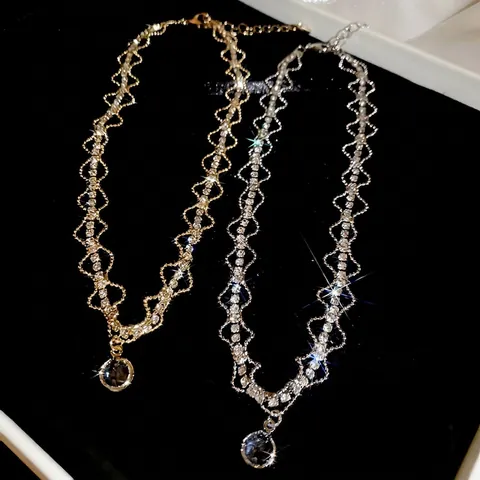 Collier À Pendentif En Zircon Rond En Cuivre Dentelle Ondulée Strass Ras Du Cou Chaîne De Clavicule Pour Femmes Bijoux