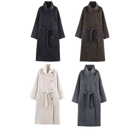 Women French Style Long Woolen Texture Overcoat Belted Elegant High Collar Lapel Buttons Outerwear For Winter
