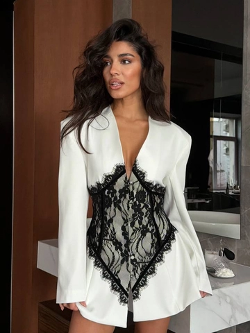 Damen Langarm Blazer Kleid Mit Spitze Patchwork Taille Korsett Design Schlanke Passform Sexy Revers Mode Streetwear Jacke