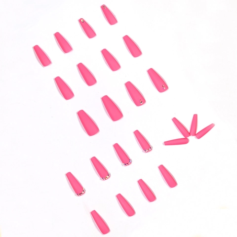 Long Coffin Ballerina Press On Nails Matte Neon Rose Pink With Rhinestones Fashionable Artificial False Nails For Women